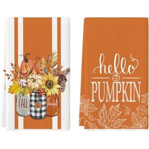 Set of 2 Hello Pumpkin Fall Kitchen Towels , 18x26 Inch Seasonal Hand Towels